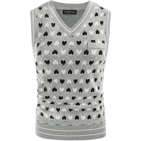 Women's Argyle Sweater Vest Sleeveless V Neck Knit Heart Knitwear Top Grey M - Picture 1 of 6